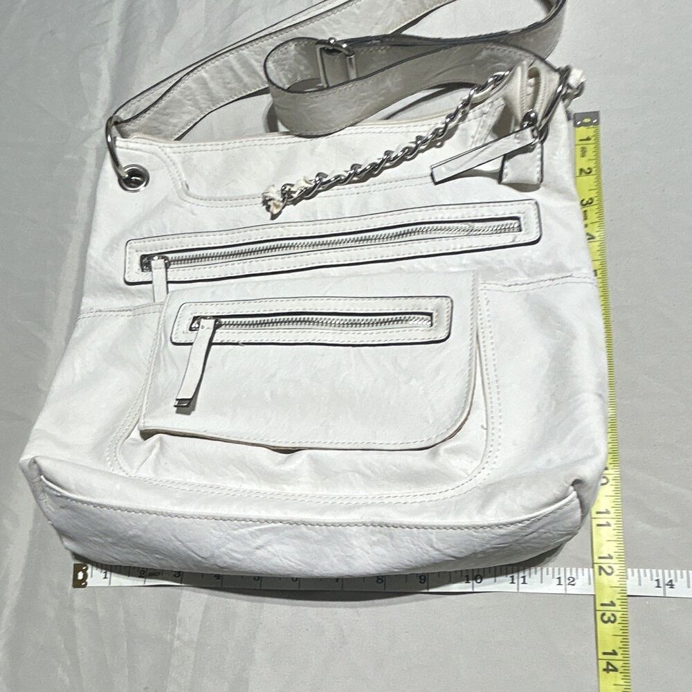 BUENO Off White Faux Leather Crossbody Shoulder Bag Purse Pocket Chain Accent - Picture 8 of 8